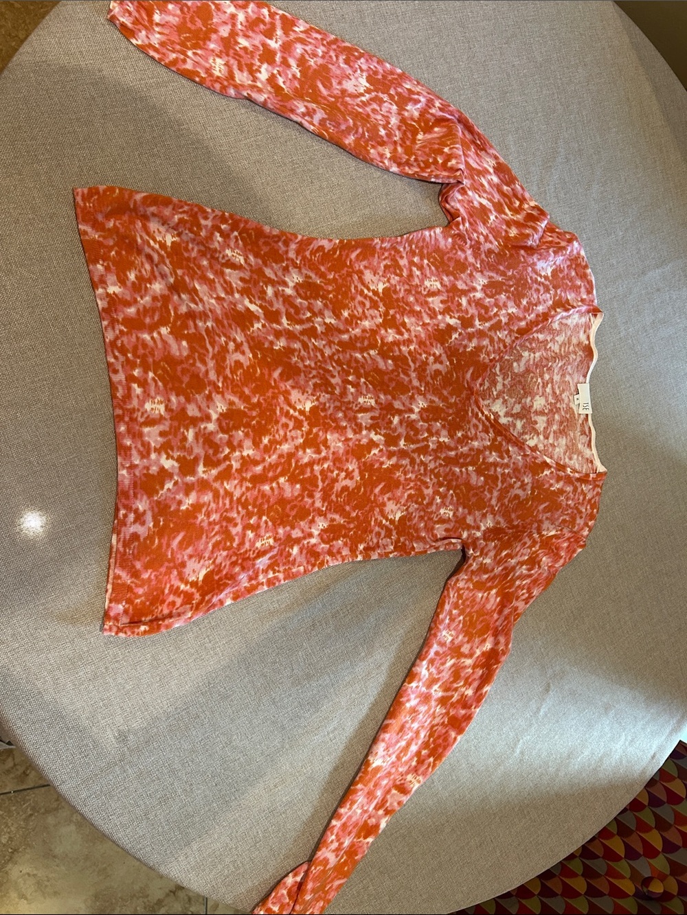 TSE Coral and White Abstract V-Neck Long Sleeve Top